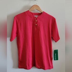 Vintage 3 Button Mock Neck Cotton Blend Top, Women's L, Tomato Red